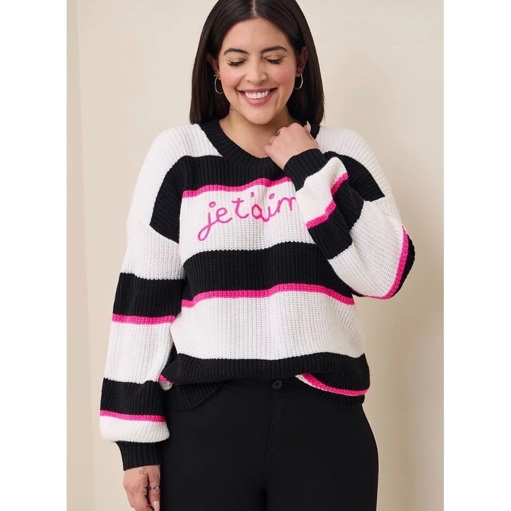Torrid Womens Je T'aime Striped Shaker Knit Sweater Pink Black White Size 00 M/L